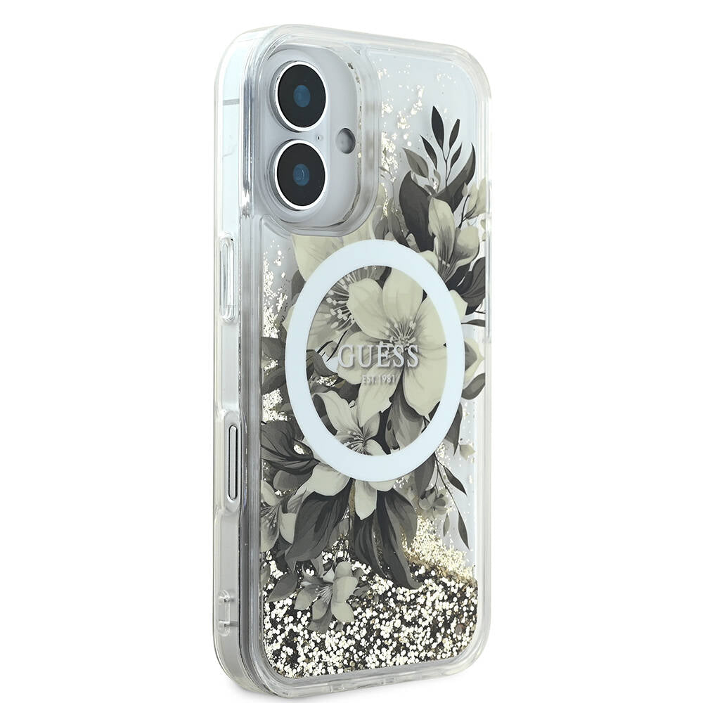 MagSafe-deksel for Apple iPhone 16, Guess, Liquid Glitter Flower, Beige