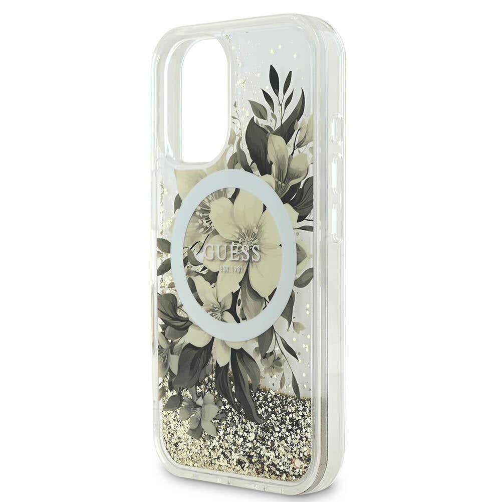 MagSafe-deksel for Apple iPhone 16, Guess, Liquid Glitter Flower, Beige