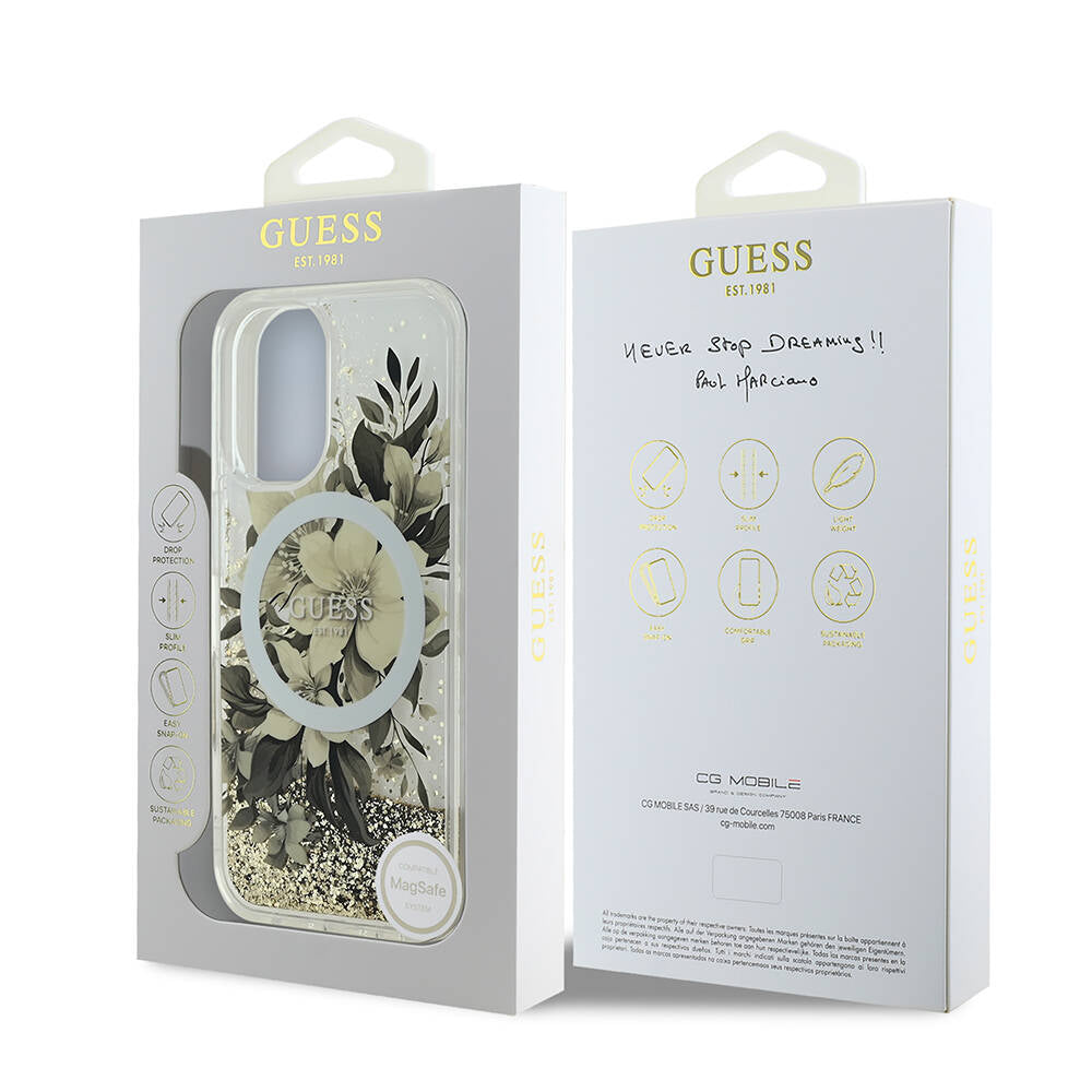 MagSafe-deksel for Apple iPhone 16, Guess, Liquid Glitter Flower, Beige