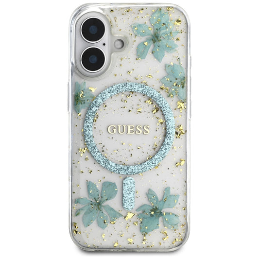 MagSafe-deksel for Apple iPhone 16, Guess, Resin Flowers and Glitter, Turkis