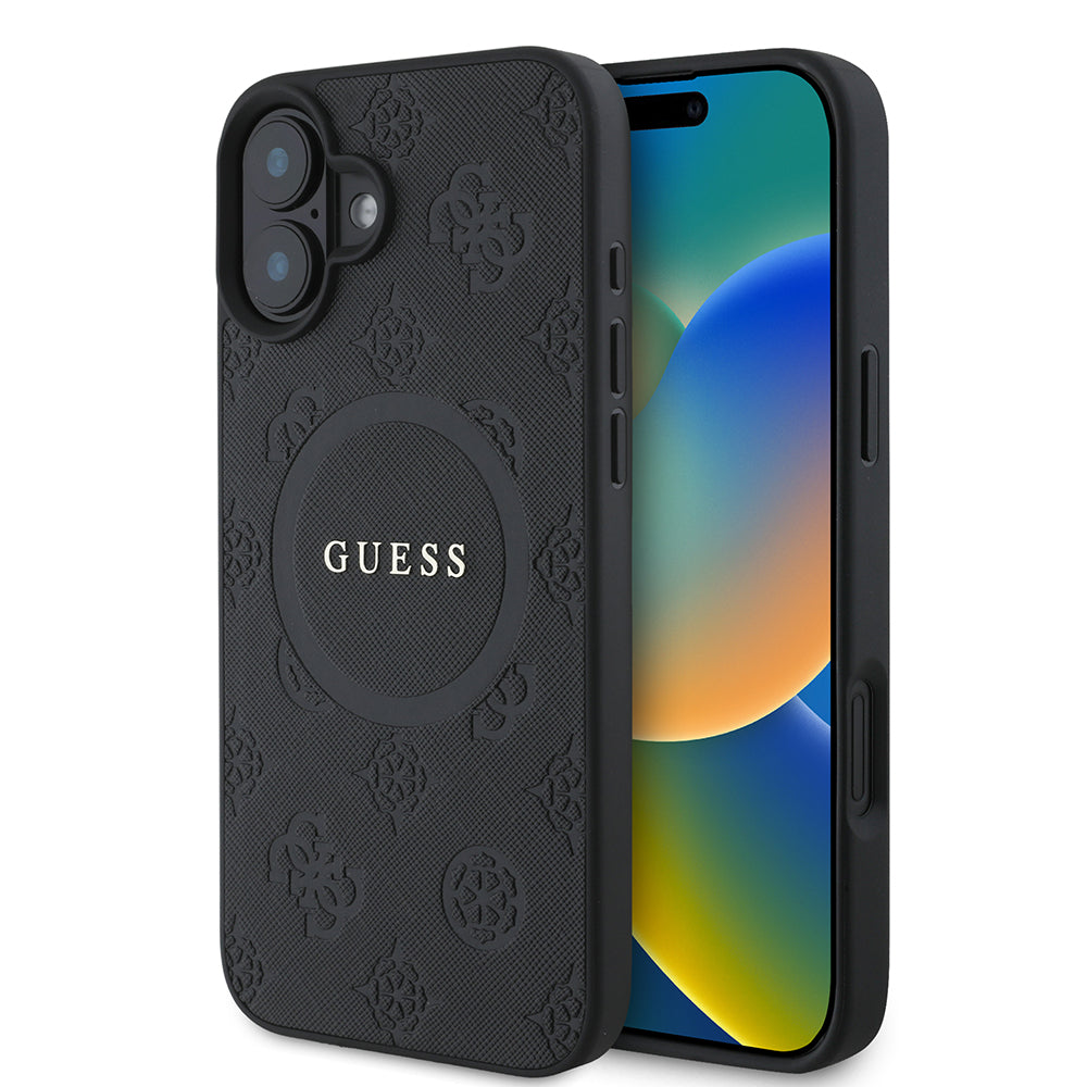 MagSafe-deksel for Apple iPhone 16, Guess, Saffiano Peony Classic Logo, Svart