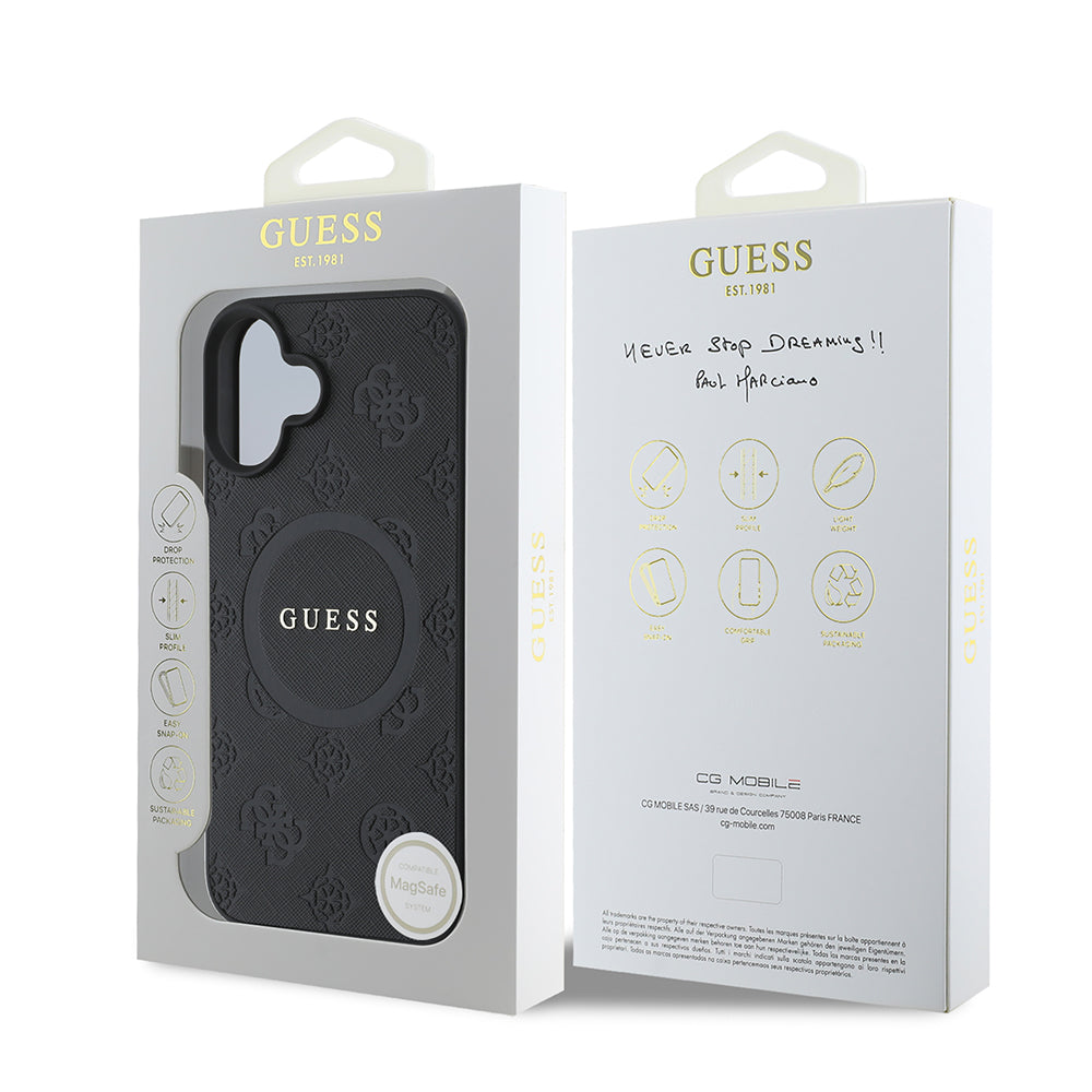 MagSafe-deksel for Apple iPhone 16, Guess, Saffiano Peony Classic Logo, Svart