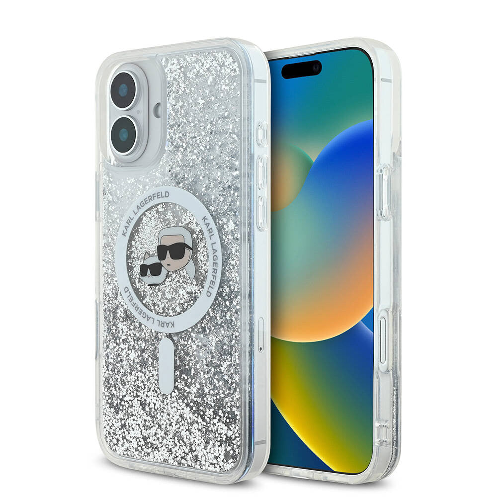 MagSafe-deksel for Apple iPhone 16, Karl Lagerfeld, Glitter Liquid Karl & Choupette's Heads, Gjennomsiktig