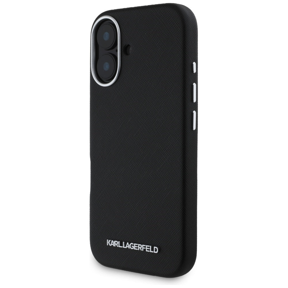 MagSafe-deksel for Apple iPhone 16, Karl Lagerfeld, Saffiano Full Wrapped Elongated Metal Logo, Svart