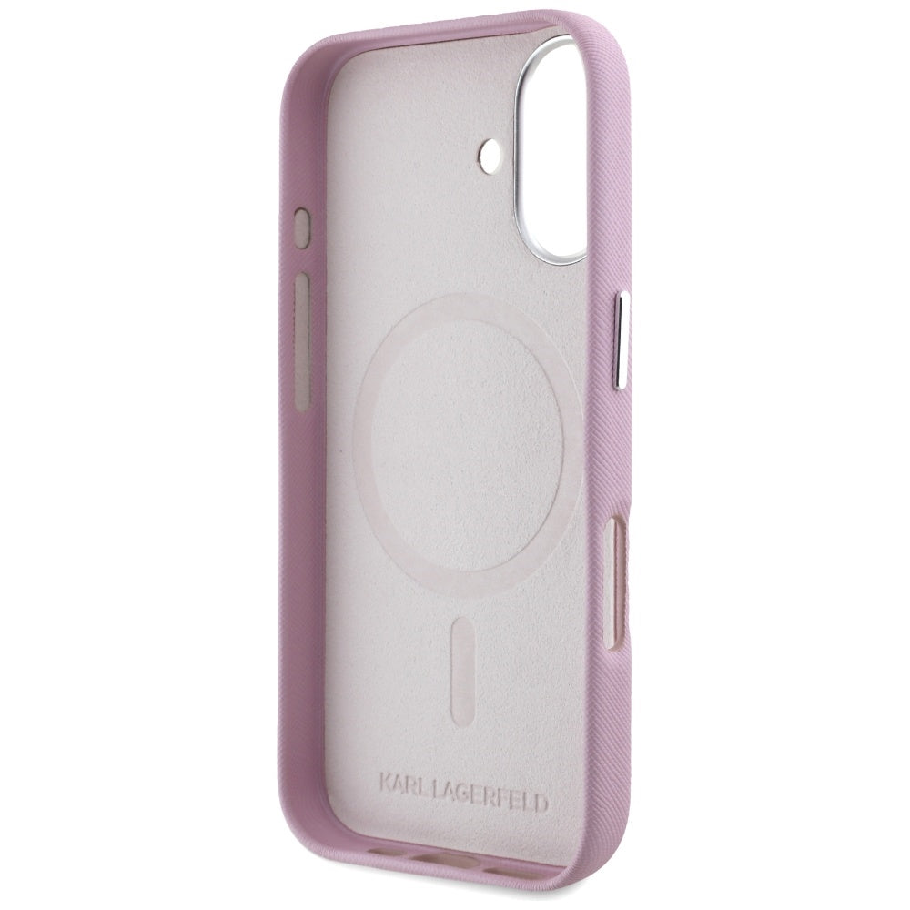 MagSafe-deksel for Apple iPhone 16, Karl Lagerfeld, Saffiano Full Wrapped Elongated Metal Logo, Rosa