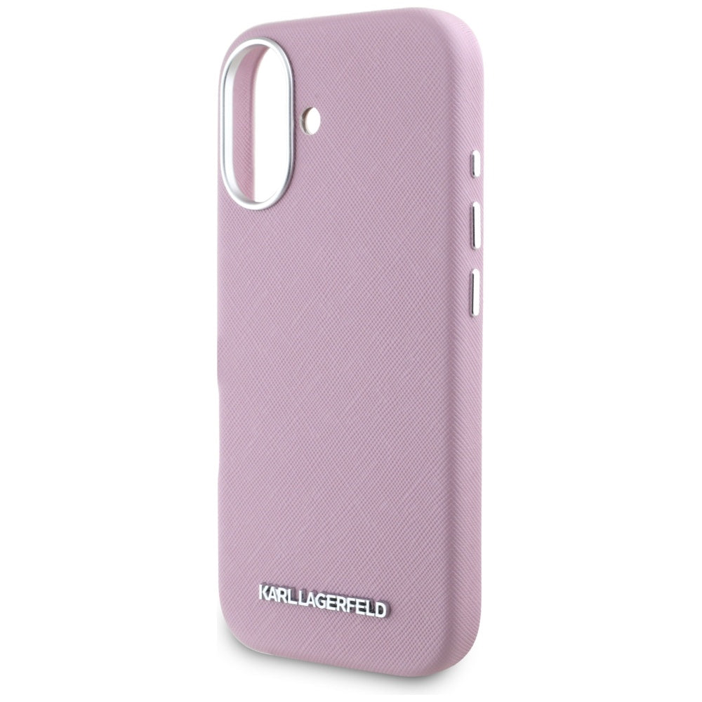 MagSafe-deksel for Apple iPhone 16, Karl Lagerfeld, Saffiano Full Wrapped Elongated Metal Logo, Rosa