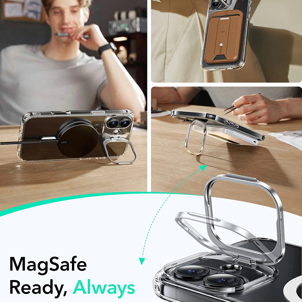 MagSafe-deksel for Apple iPhone 16 Plus, ESR, Classic Hybrid Kickstand, Svart Transparent