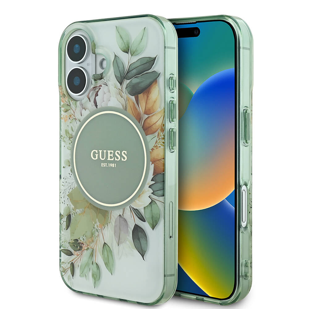 MagSafe-deksel for Apple iPhone 16 Plus, Guess, IML Flower & Tonal Circle, Grønn
