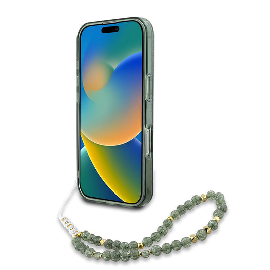 MagSafe-deksel for Apple iPhone 16 Plus, Guess, IML Flowers Allover Electroplated with Pearl Strap, Grønn