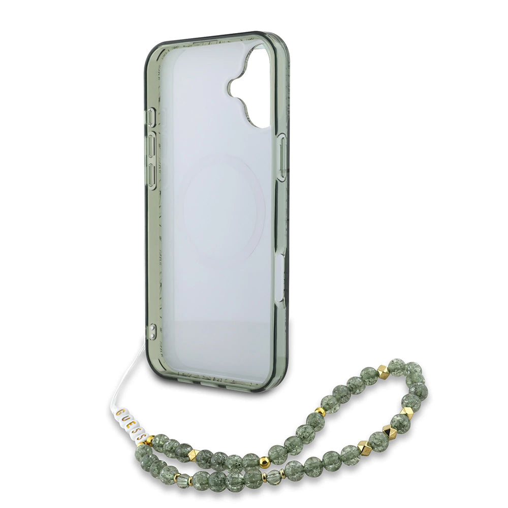 MagSafe-deksel for Apple iPhone 16 Plus, Guess, IML Flowers Allover Electroplated with Pearl Strap, Grønn