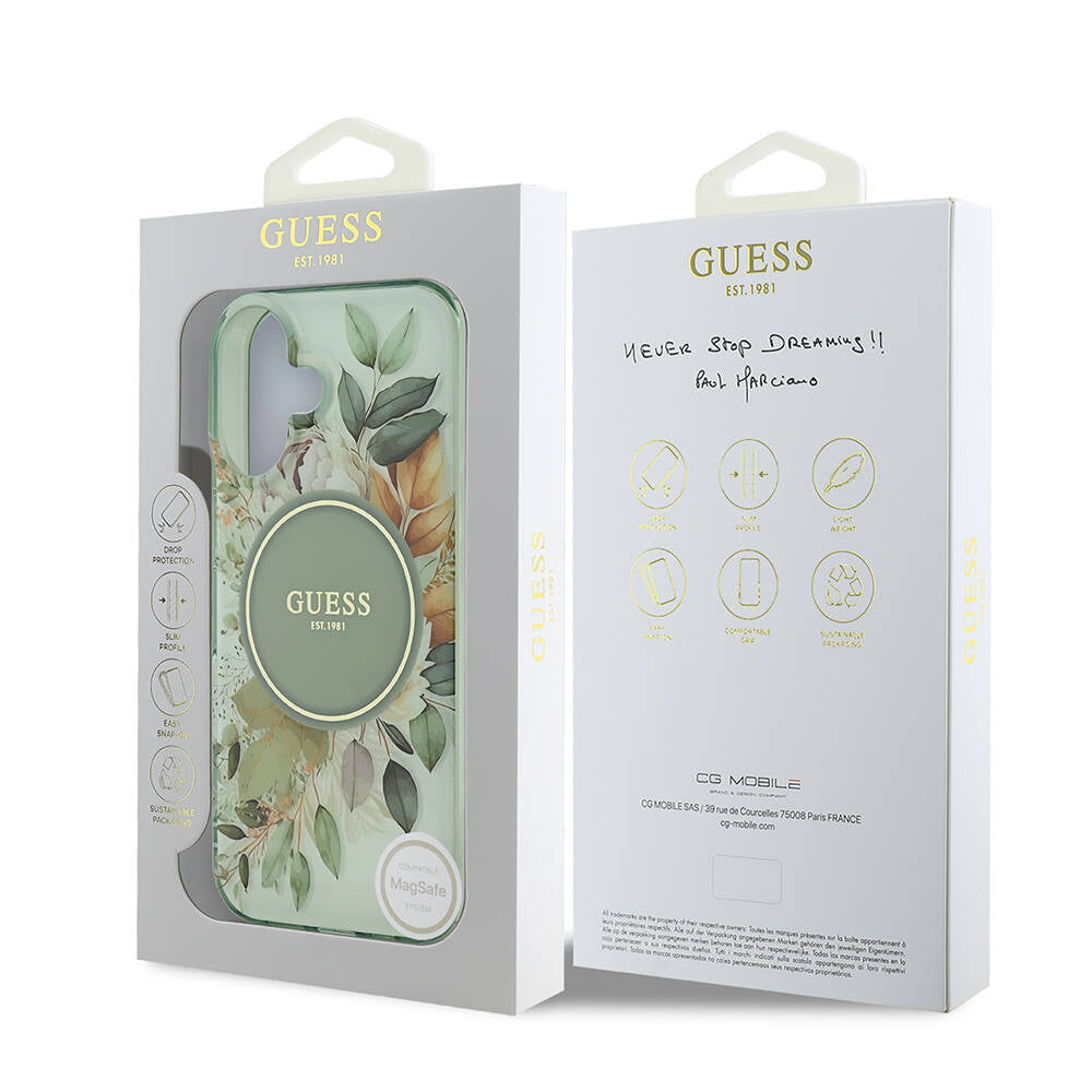MagSafe-deksel for Apple iPhone 16 Plus, Guess, IML Flowers with Pearl Strap, Grønn