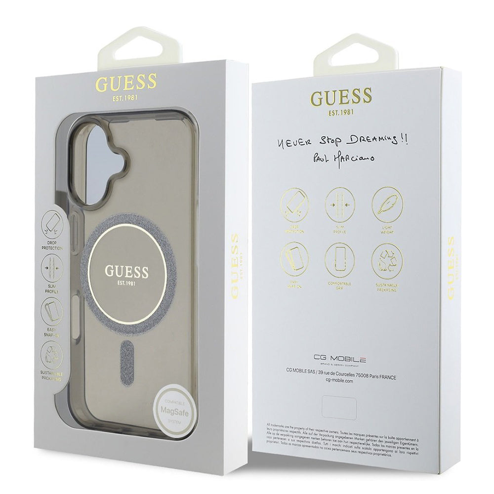 MagSafe-deksel for Apple iPhone 16 Plus, Guess, IML Glitter Circle, Svart