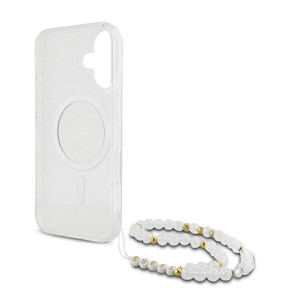 MagSafe-deksel for Apple iPhone 16 Plus, Guess, IML Glitter with Pearl Strap, Gjennomsiktig