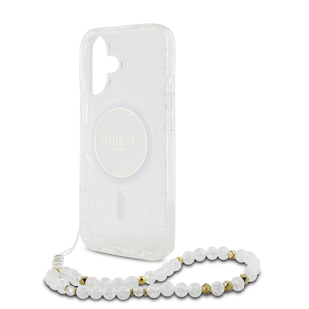 MagSafe-deksel for Apple iPhone 16 Plus, Guess, IML Glitter with Pearl Strap, Gjennomsiktig
