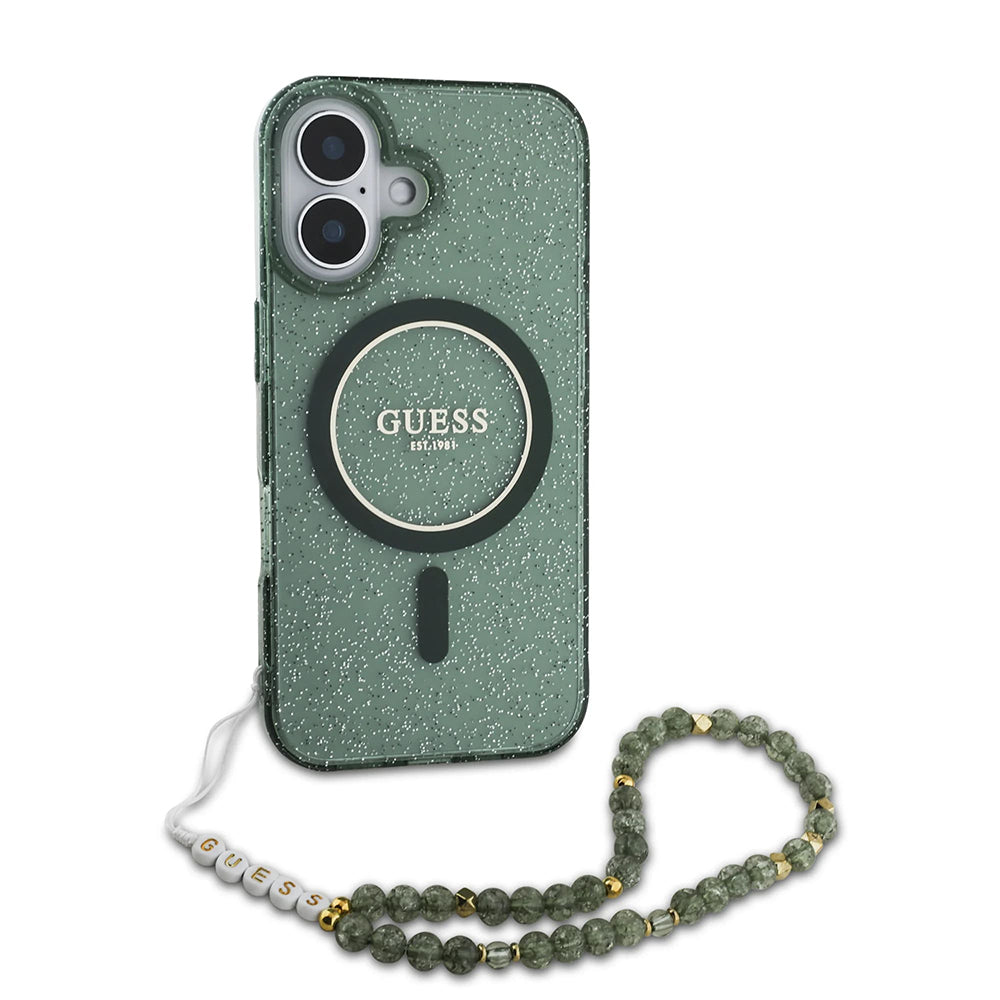 MagSafe-deksel for Apple iPhone 16 Plus, Guess, IML Glitter with Pearl Strap, Grønn