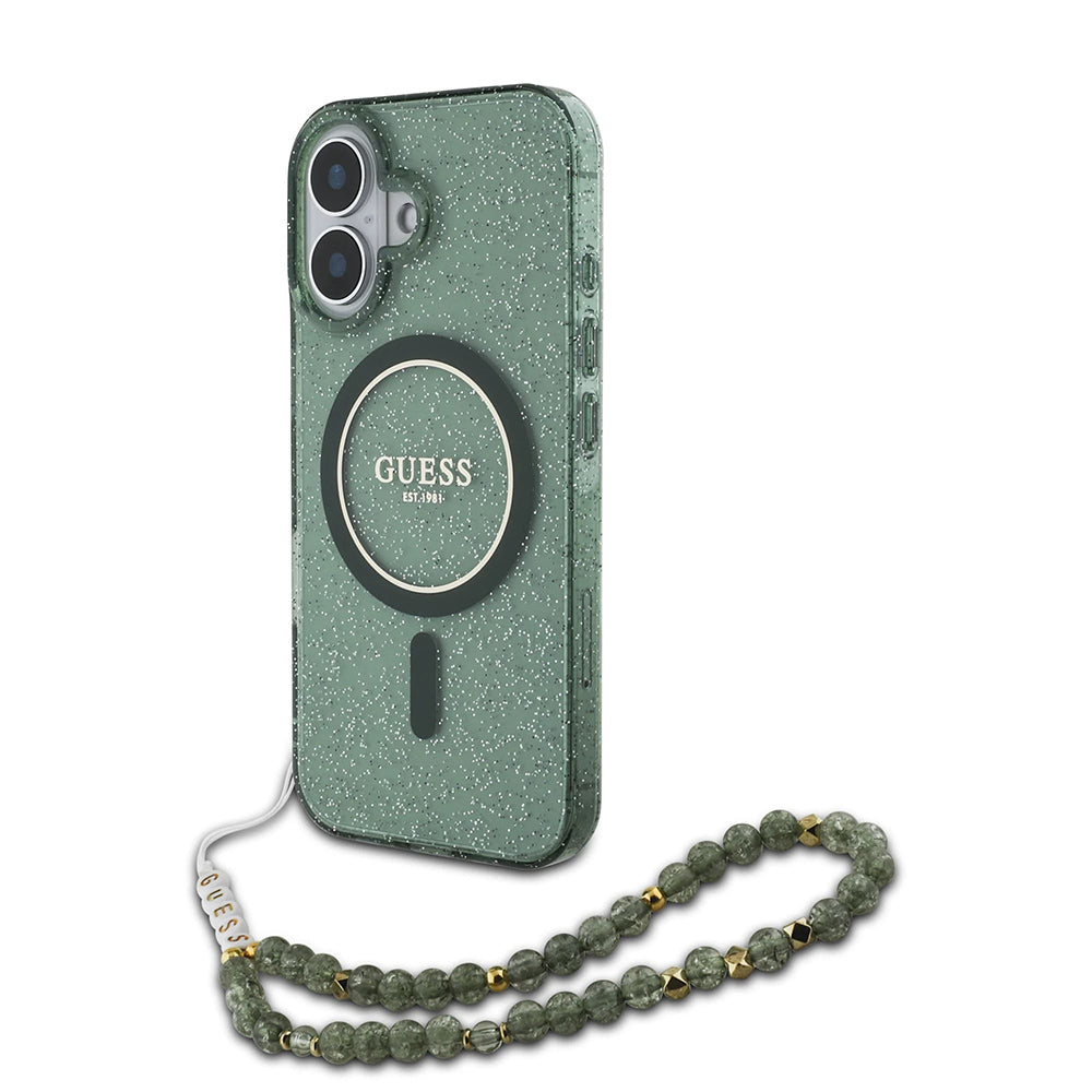 MagSafe-deksel for Apple iPhone 16 Plus, Guess, IML Glitter with Pearl Strap, Grønn