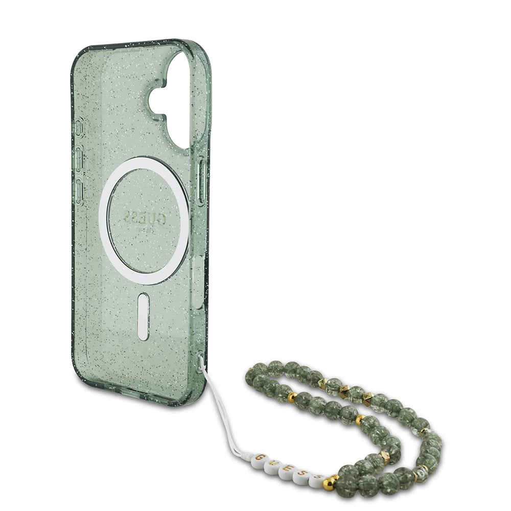MagSafe-deksel for Apple iPhone 16 Plus, Guess, IML Glitter with Pearl Strap, Grønn