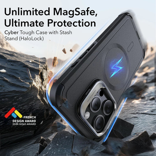 MagSafe-deksel for Apple iPhone 16 Pro, ESR, Cyber Armor Kickstand, Grå