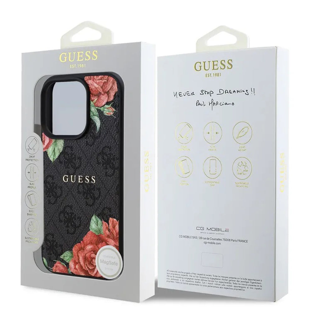 MagSafe-deksel for Apple iPhone 16 Pro, Guess, 4G Flowers Print, Svart