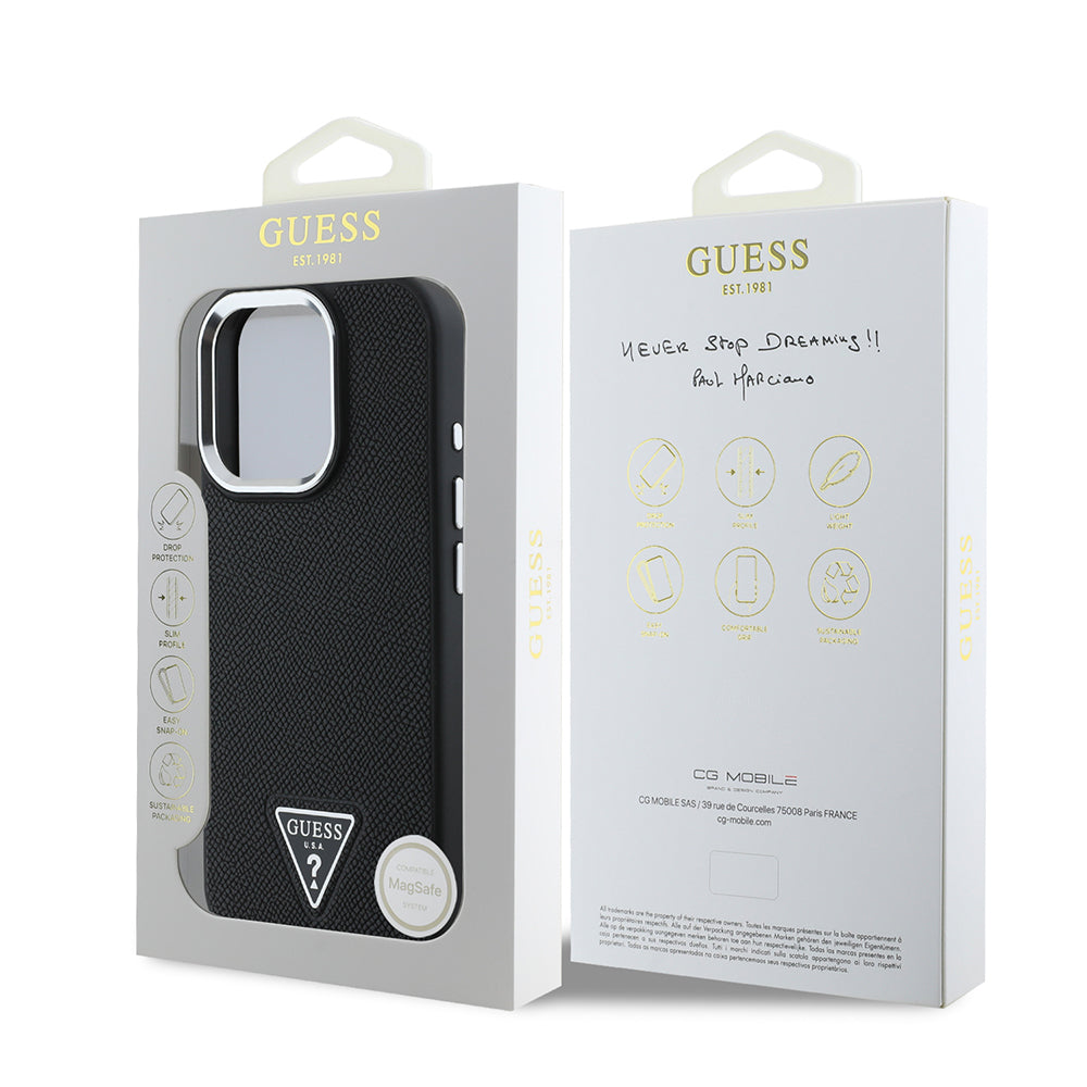 MagSafe-deksel for Apple iPhone 16 Pro, Guess, Grained Triangle Logo, Svart