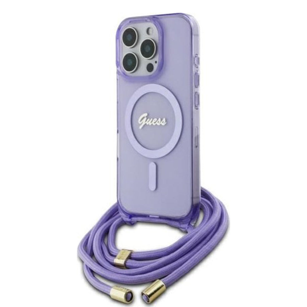 MagSafe-deksel for Apple iPhone 16 Pro, Guess, IML Crossbody Cord Script, Lilla