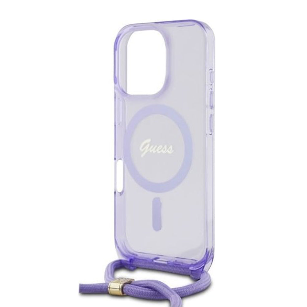 MagSafe-deksel for Apple iPhone 16 Pro, Guess, IML Crossbody Cord Script, Lilla