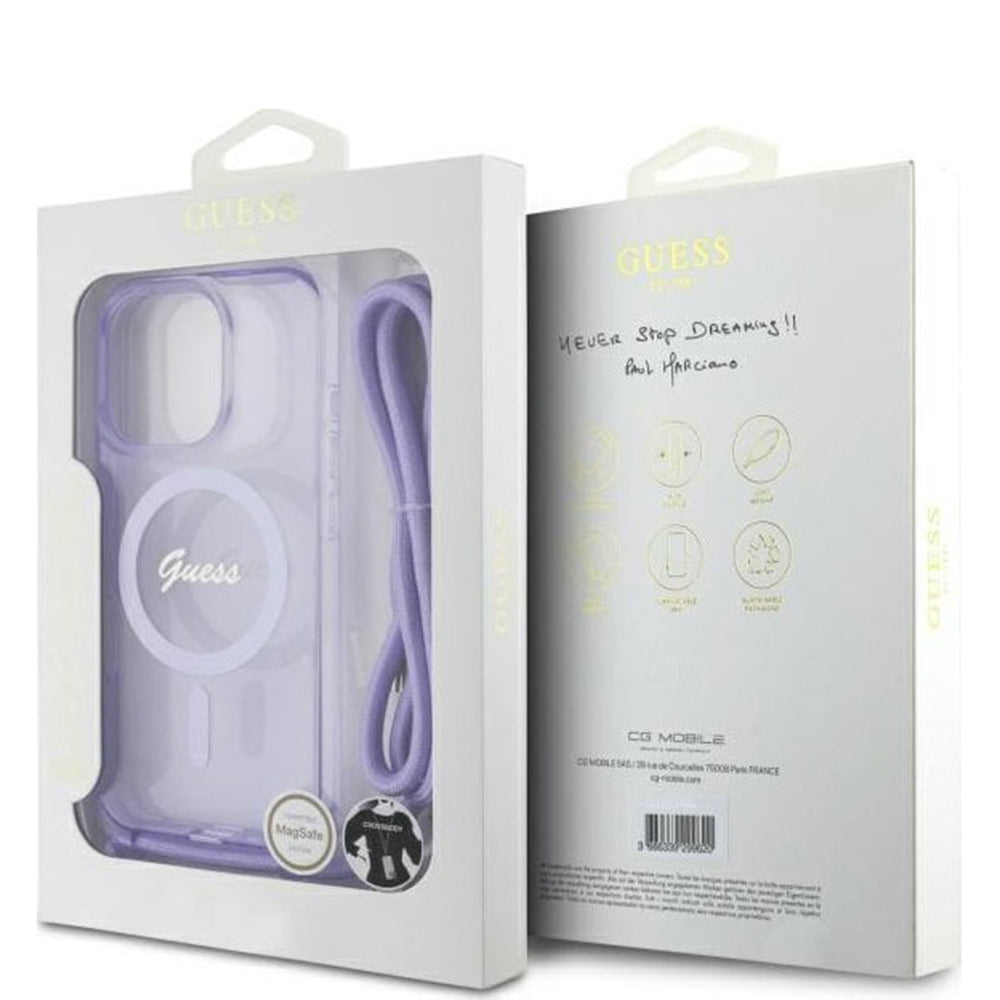 MagSafe-deksel for Apple iPhone 16 Pro, Guess, IML Crossbody Cord Script, Lilla