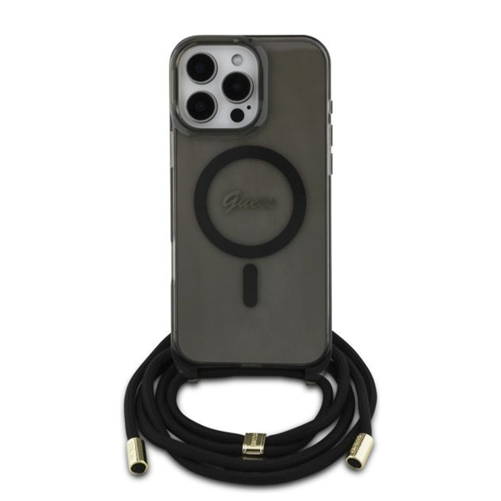 MagSafe-deksel for Apple iPhone 16 Pro, Guess, IML Crossbody Cord Script, Svart