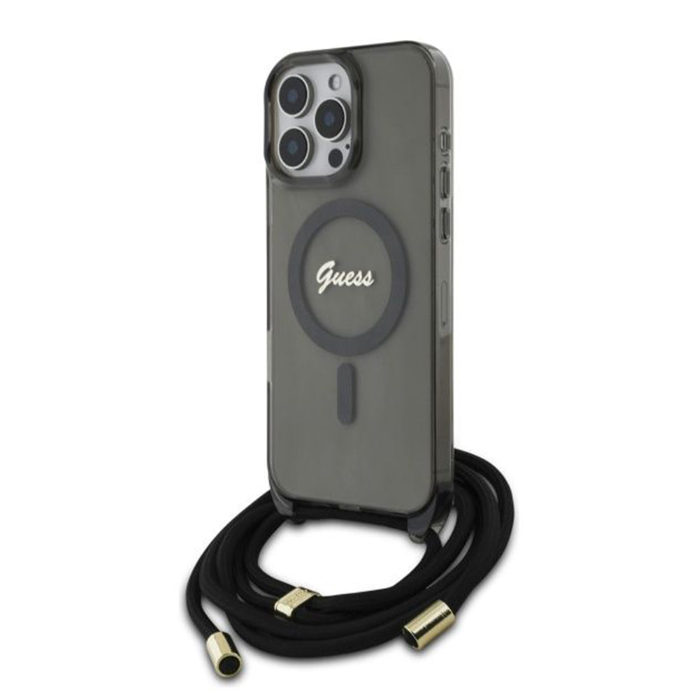 MagSafe-deksel for Apple iPhone 16 Pro, Guess, IML Crossbody Cord Script, Svart