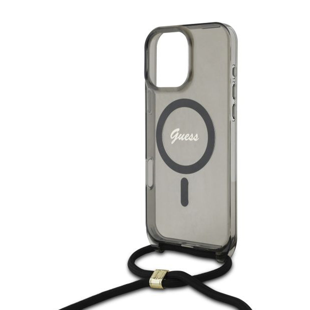 MagSafe-deksel for Apple iPhone 16 Pro, Guess, IML Crossbody Cord Script, Svart