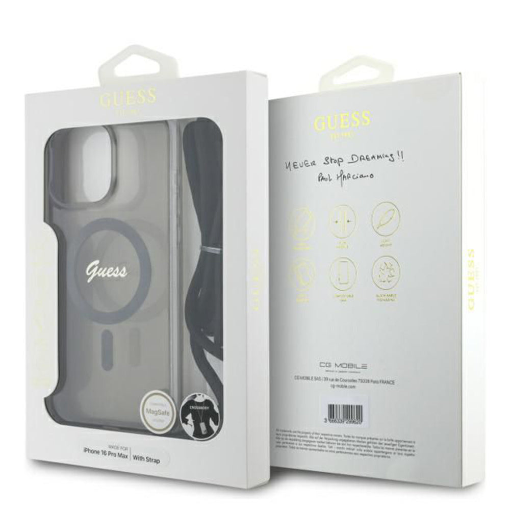 MagSafe-deksel for Apple iPhone 16 Pro, Guess, IML Crossbody Cord Script, Svart