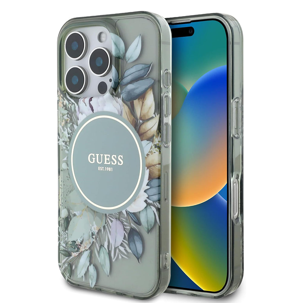 MagSafe-deksel for Apple iPhone 16 Pro, Guess, IML Flower & Tonal Circle, Grønn