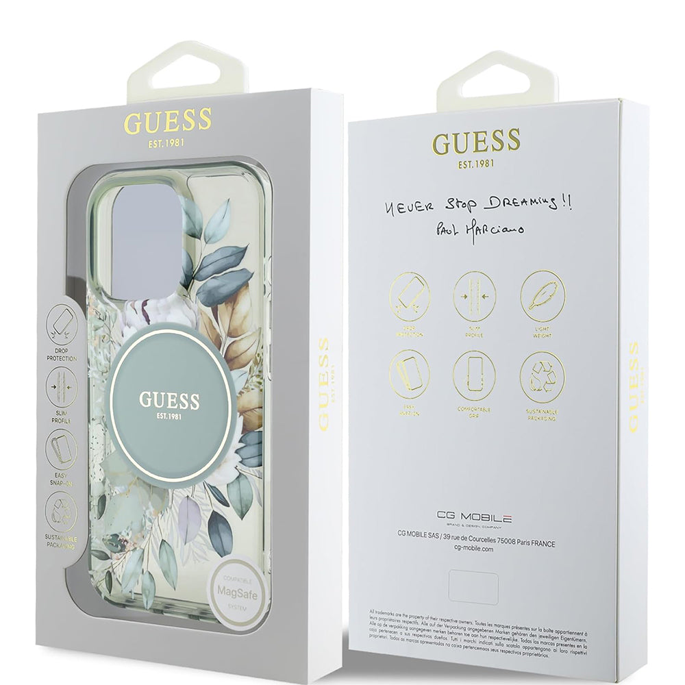 MagSafe-deksel for Apple iPhone 16 Pro, Guess, IML Flower & Tonal Circle, Grønn