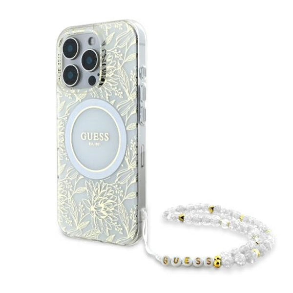 MagSafe-deksel for Apple iPhone 16 Pro, Guess, IML Flowers Allover Electroplated with Pearl Strap, Hvit