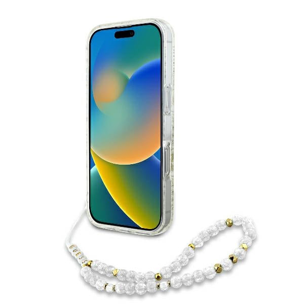 MagSafe-deksel for Apple iPhone 16 Pro, Guess, IML Flowers Allover Electroplated with Pearl Strap, Hvit