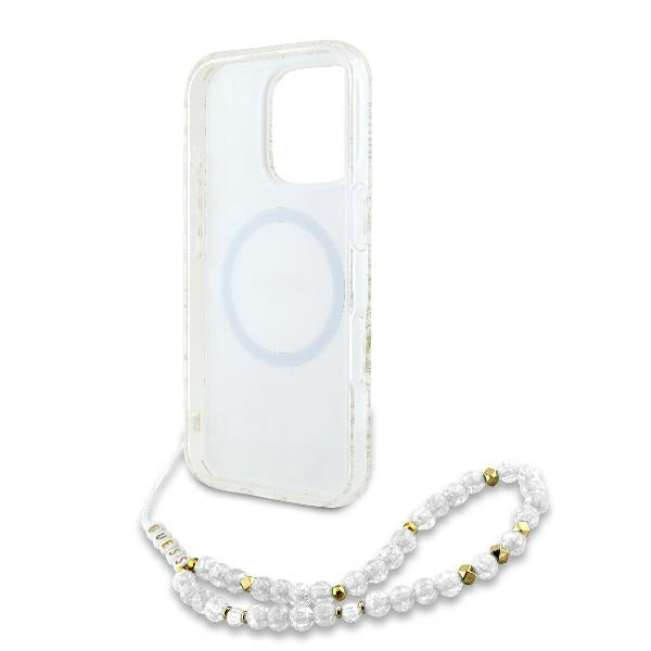 MagSafe-deksel for Apple iPhone 16 Pro, Guess, IML Flowers Allover Electroplated with Pearl Strap, Hvit