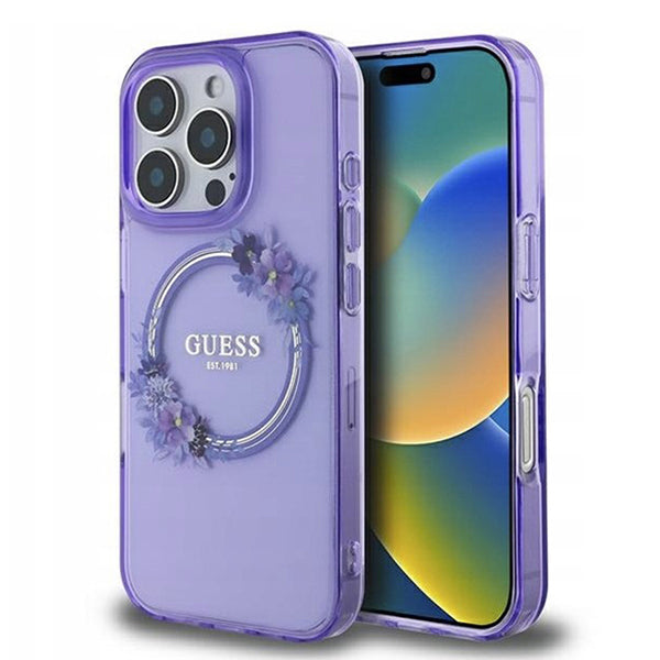 MagSafe-deksel for Apple iPhone 16 Pro, Guess, IML Flowers Wreath, Lilla