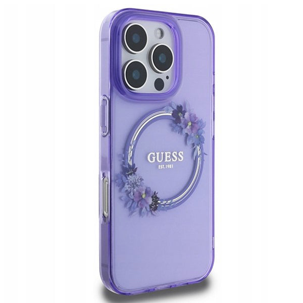 MagSafe-deksel for Apple iPhone 16 Pro, Guess, IML Flowers Wreath, Lilla