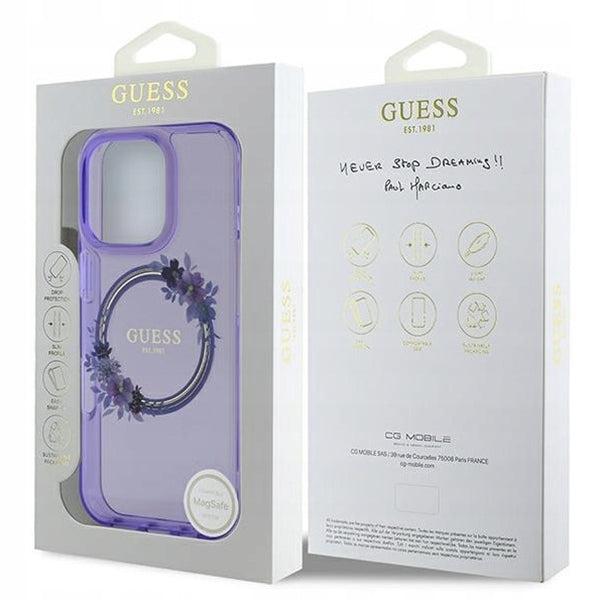 MagSafe-deksel for Apple iPhone 16 Pro, Guess, IML Flowers Wreath, Lilla