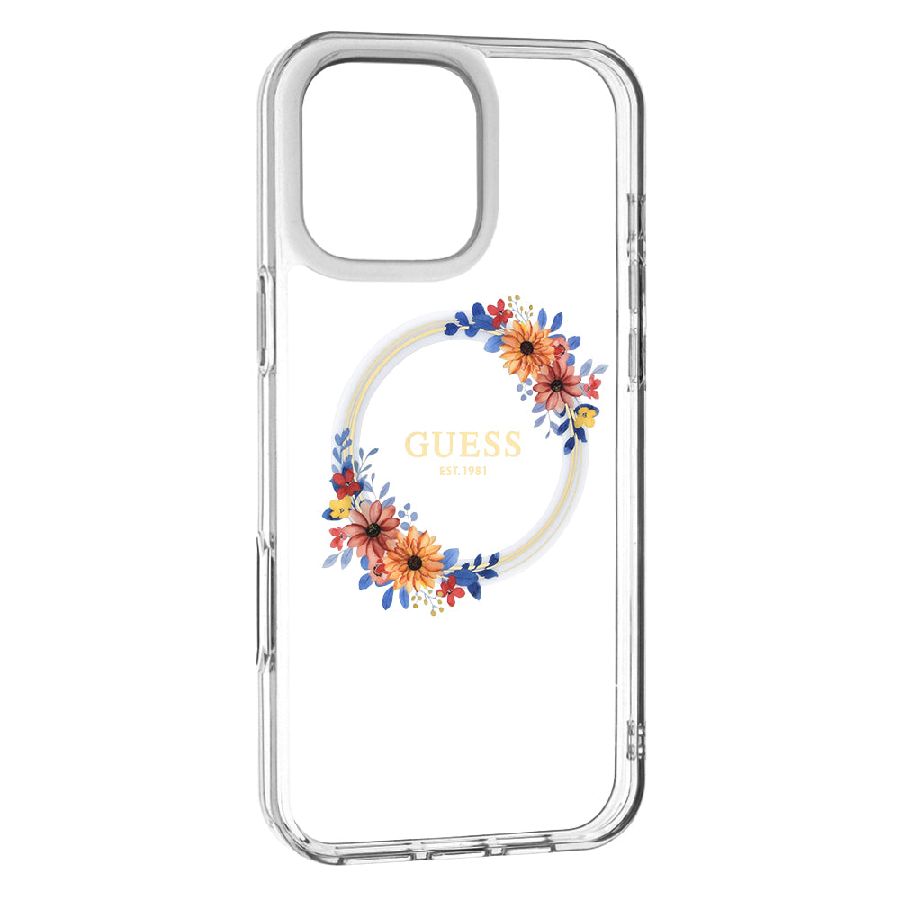 MagSafe-deksel for Apple iPhone 16 Pro, Guess, IML Flowers Wreath, Gjennomsiktig