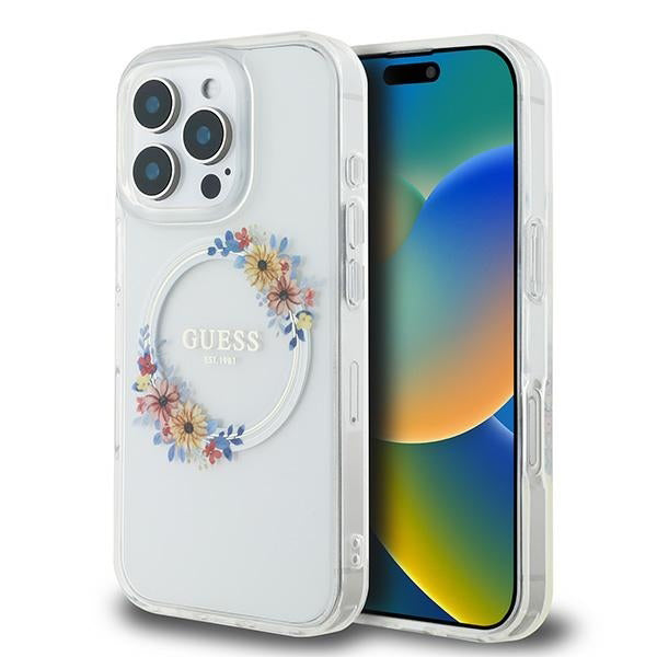MagSafe-deksel for Apple iPhone 16 Pro, Guess, IML Flowers Wreath, Gjennomsiktig