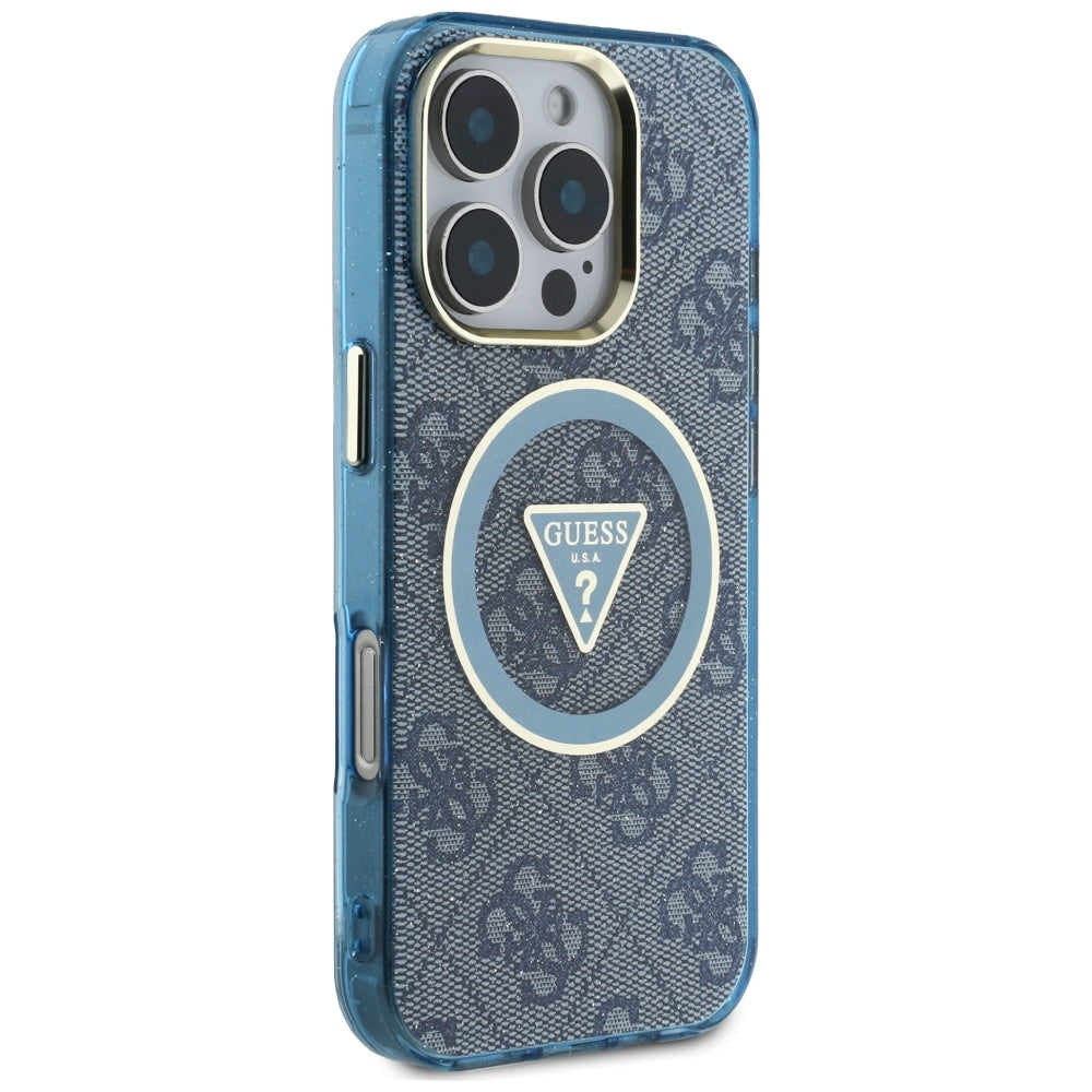 MagSafe-deksel for Apple iPhone 16 Pro, Guess, IML Glitter 4G Circle Triangle, Blå