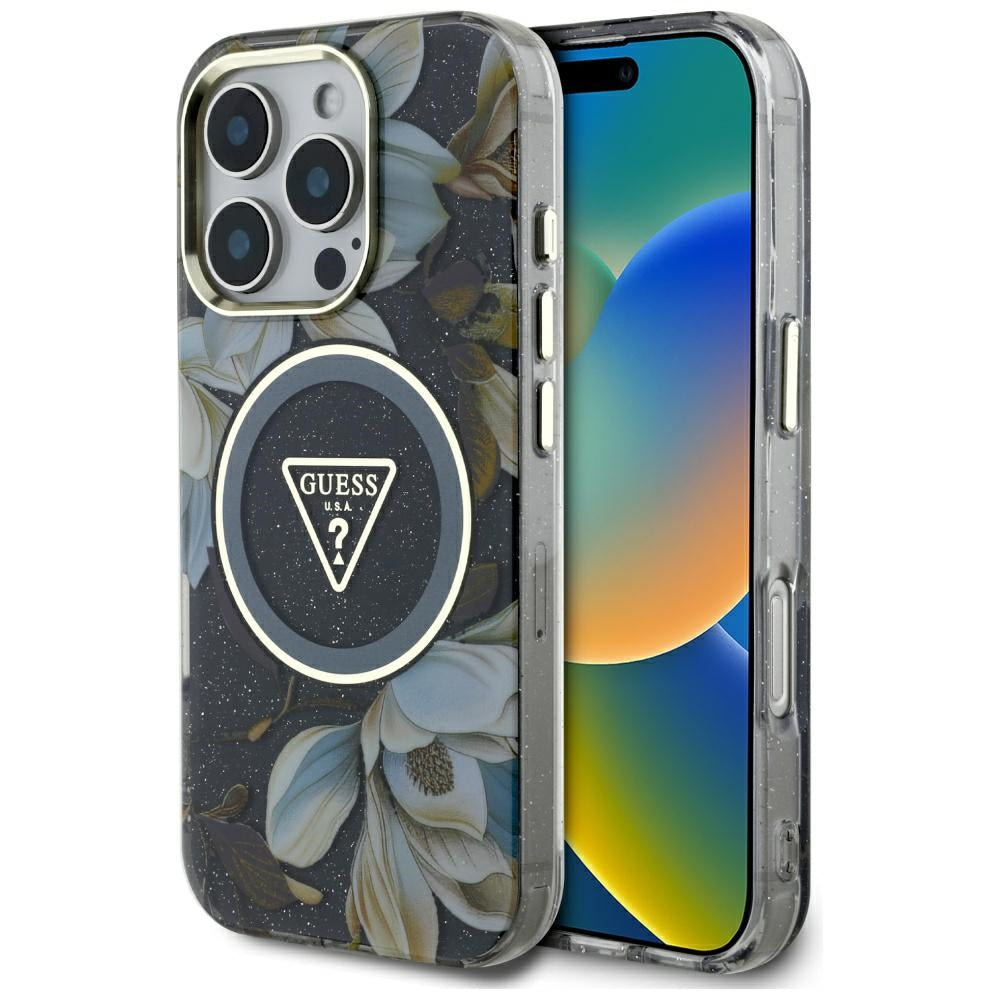 MagSafe-deksel for Apple iPhone 16 Pro, Guess, IML Metal Glitter Flowers Triangle, Svart
