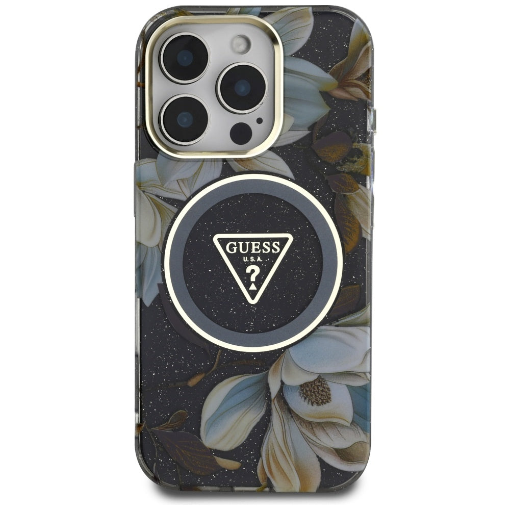 MagSafe-deksel for Apple iPhone 16 Pro, Guess, IML Metal Glitter Flowers Triangle, Svart