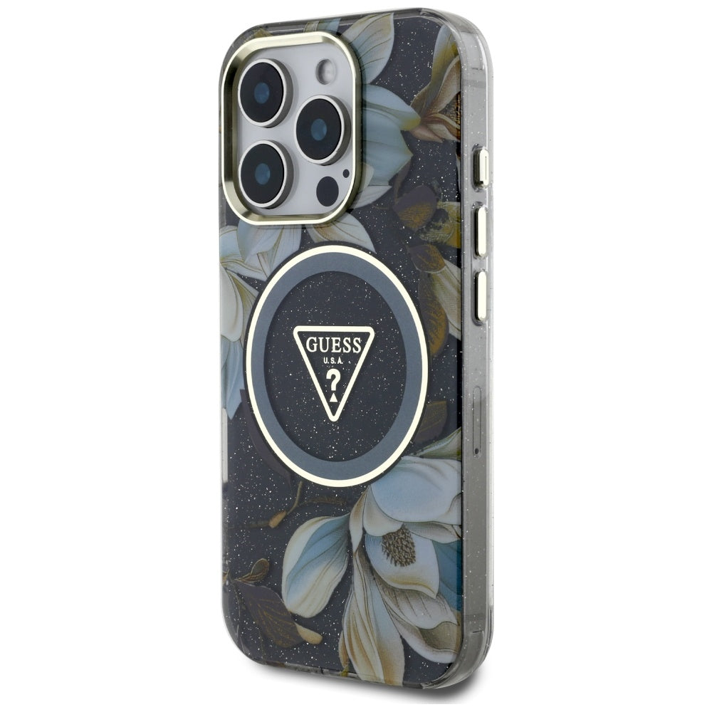 MagSafe-deksel for Apple iPhone 16 Pro, Guess, IML Metal Glitter Flowers Triangle, Svart