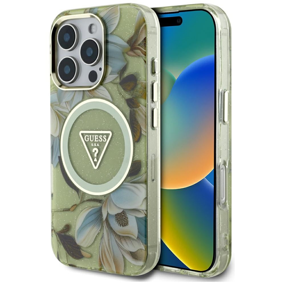MagSafe-deksel for Apple iPhone 16 Pro, Guess, IML Metal Glitter Flowers Triangle, Grønn