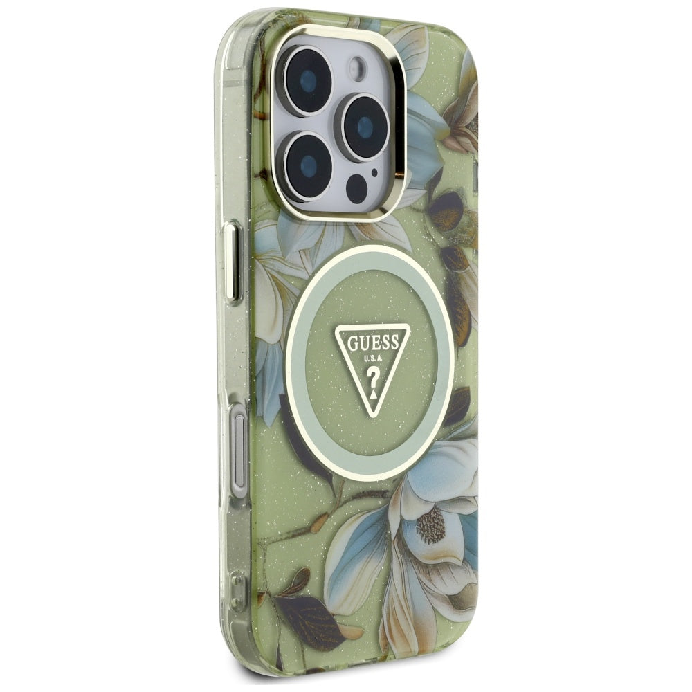 MagSafe-deksel for Apple iPhone 16 Pro, Guess, IML Metal Glitter Flowers Triangle, Grønn