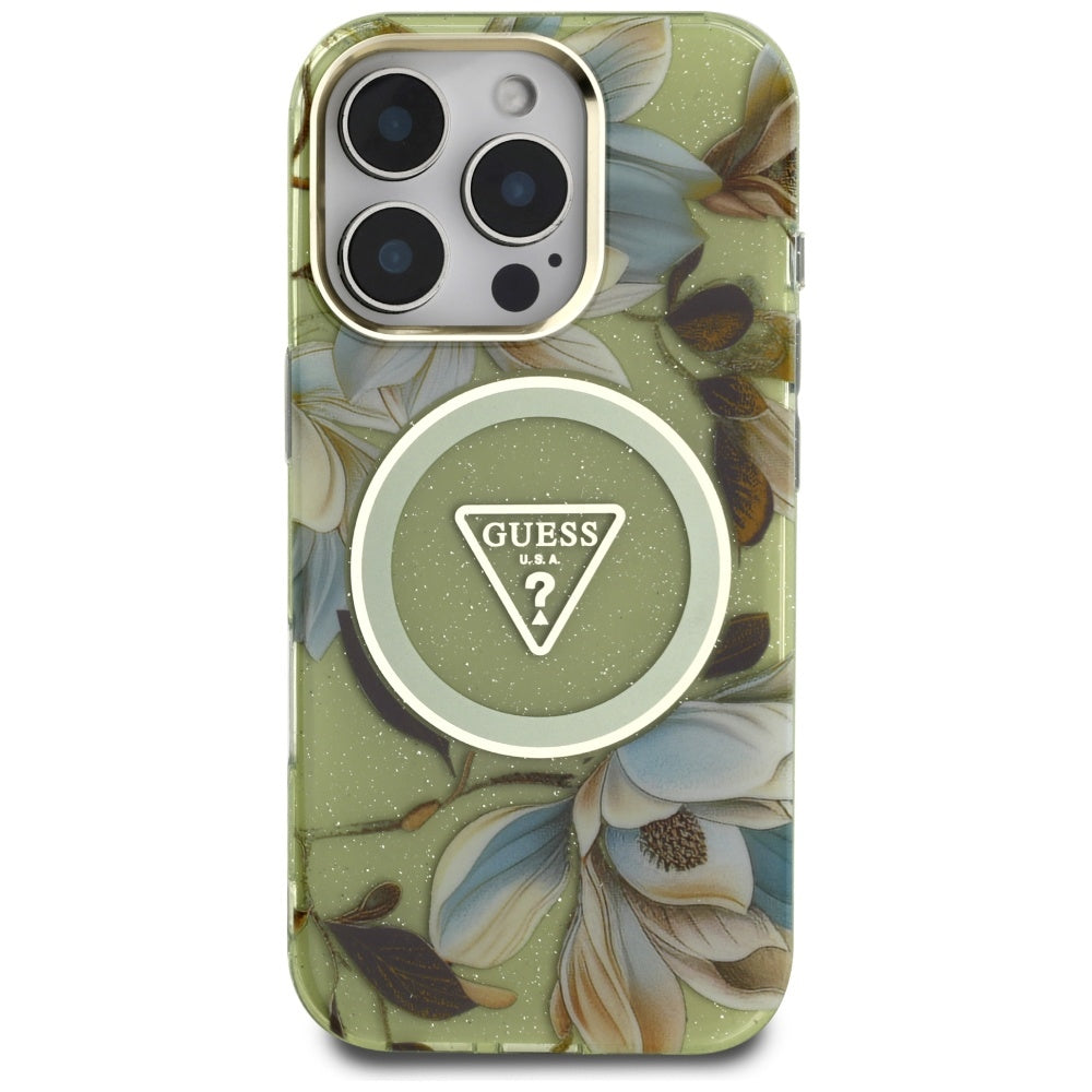 MagSafe-deksel for Apple iPhone 16 Pro, Guess, IML Metal Glitter Flowers Triangle, Grønn