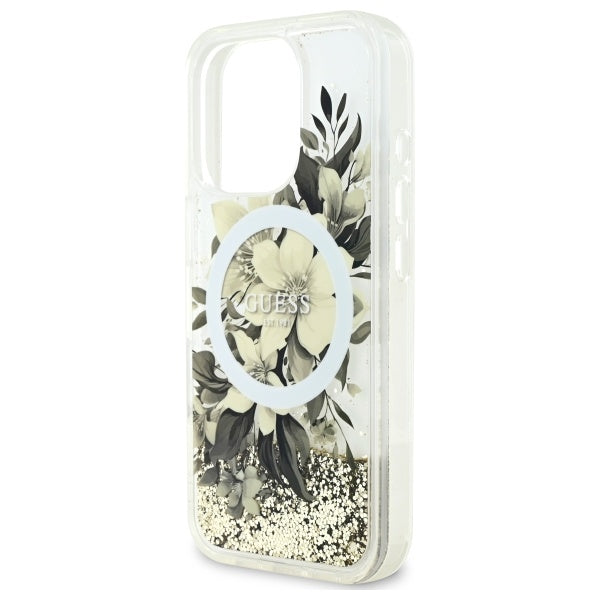 MagSafe-deksel for Apple iPhone 16 Pro, Guess, Liquid Glitter Flower, Beige