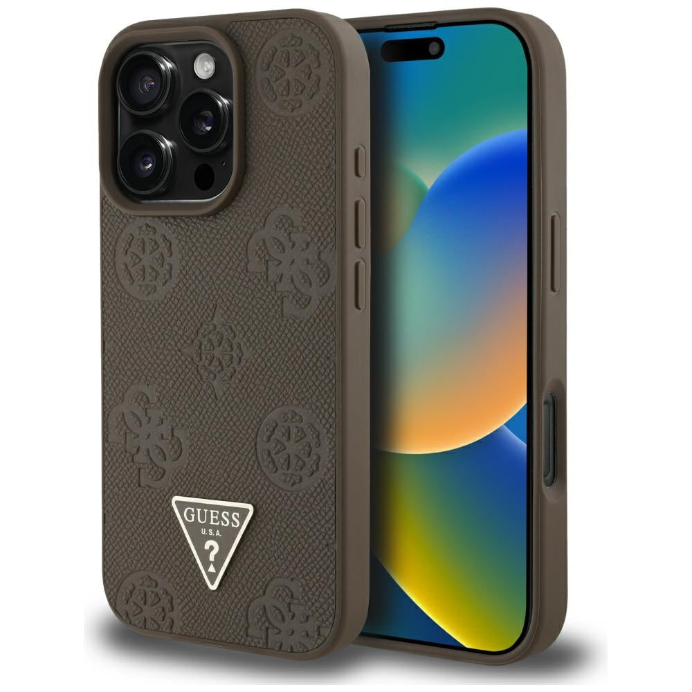 MagSafe-deksel for Apple iPhone 16 Pro, Guess, Peony Grained Hot Stamp Triangle, Brun